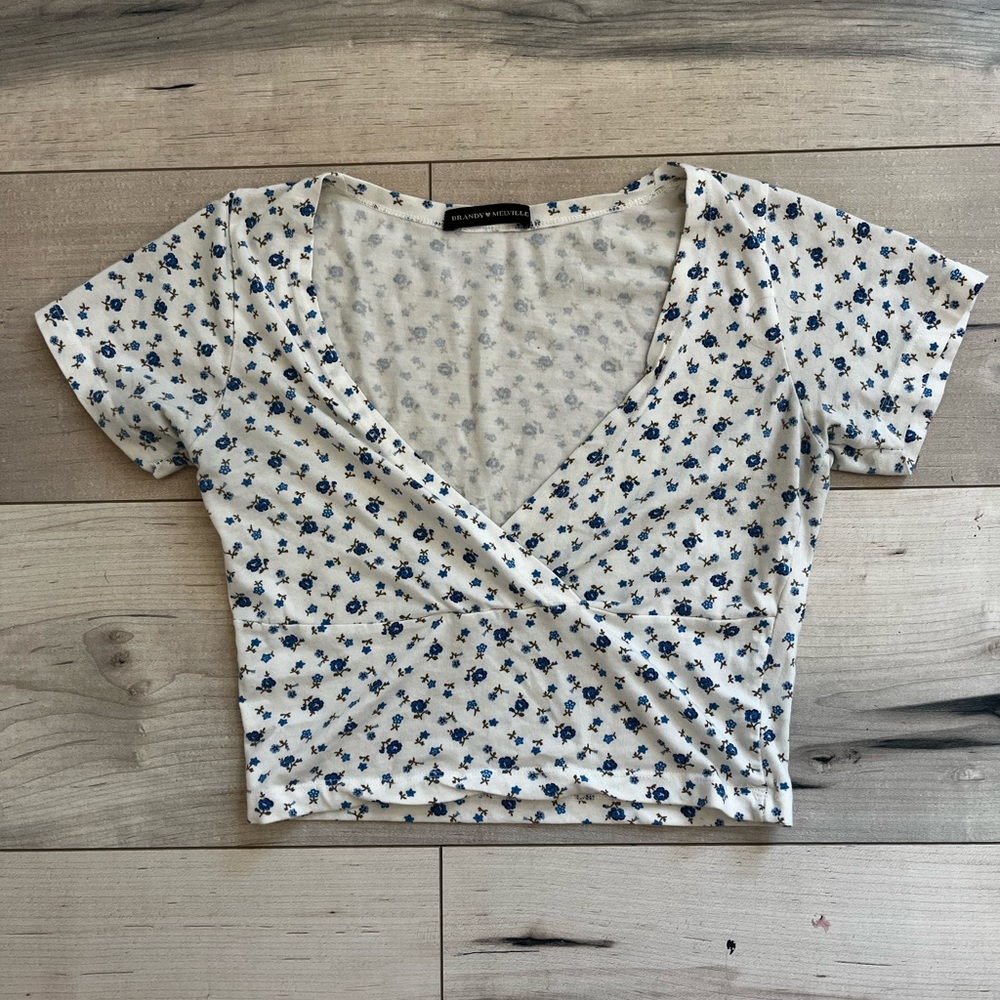 Brandy Melville White and Blue Floral Crop Top